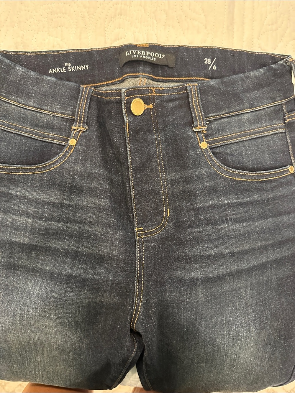 Liverpool Ankle Skinny Jeans - Dark Blue with Gold Stitching